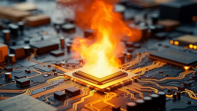 Burning computer chip on circuit board