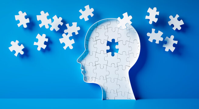 Conceptual artwork showing a 3D silhouette of a head surrounded by group of puzzle pieces, symbolizing mental input, activity, intelligence, or creativity - 3D illustration on blue background