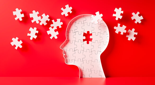 Conceptual artwork showing a 3D silhouette of a head surrounded by group of puzzle pieces, symbolizing mental input, activity, intelligence, or creativity - 3D illustration on red background	