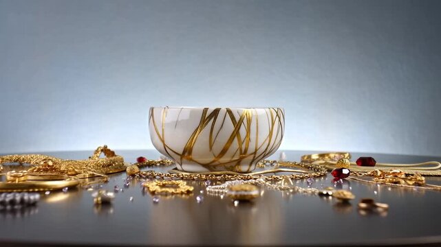 Showing gilded bowl staying centered on dark table with gold jewelry, light shift accenting gold