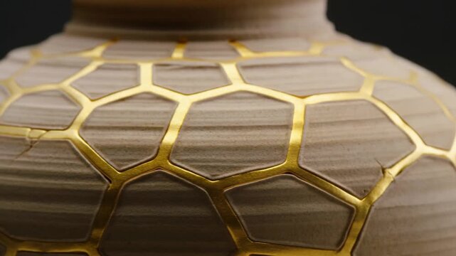 Pulling back, camera revealing shoulder of ceramic vase in studio to show kintsugi gold seams