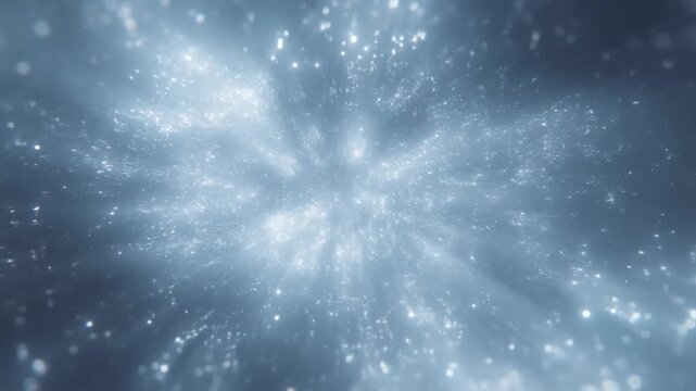 Pushing virtual cam, particle cloud advancing through space evoking travel, central core visible