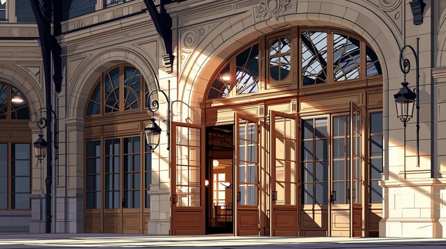 Fa&ccedil;ade d'un b&acirc;timent classique avec grandes portes en bois dor&eacute; au soleil