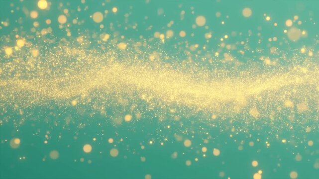Animating golden dust band with bokeh orbs shifting across teal background, frame creating shimmer