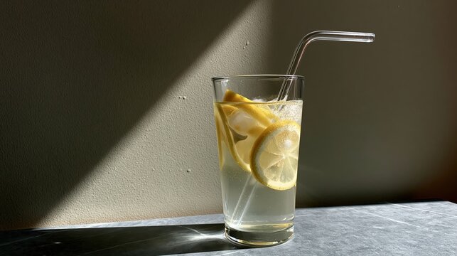 Un verre de limonade glac&eacute;e avec des tranches de citron et une paille