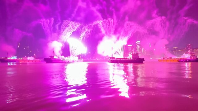 Signaling ships launching fireworks show unfolding waterfront, smoke reflecting on water