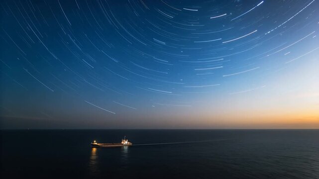 Recording timelapse capturing cargo vessel moving to right across night sea, showing star trails