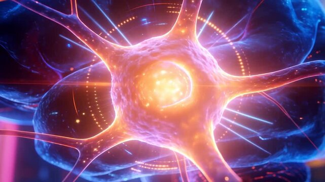 Frames driving camera toward stylized brain in lab simulation, central neuron glowing with HUD