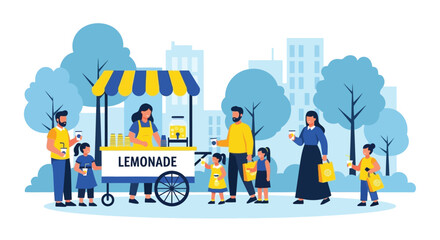 Lemonade stand illustration featuring people buying fresh drinks in city park outdoor environment with street cart vendor serving happy family and kids. © shamim shamim