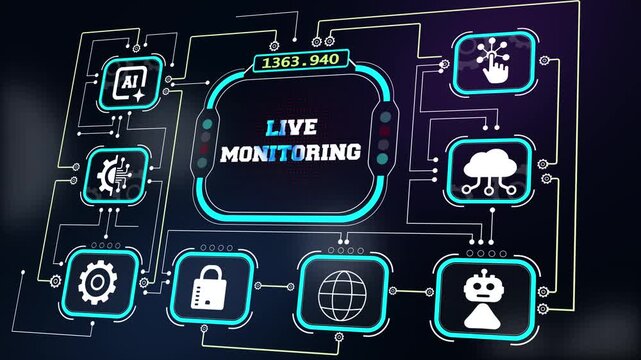 Live monitoring HUD interface for real time security systems, network traffic reports, corporate data overview clips and cybersecurity web presentations