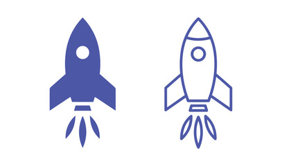 Rocket ship launch icons in blue color showing solid and line art versions for startups. © TopW59