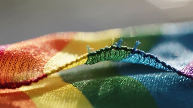 Pulling camera focus revealing rainbow-striped textile in studio, showing frayed hem and cool bands