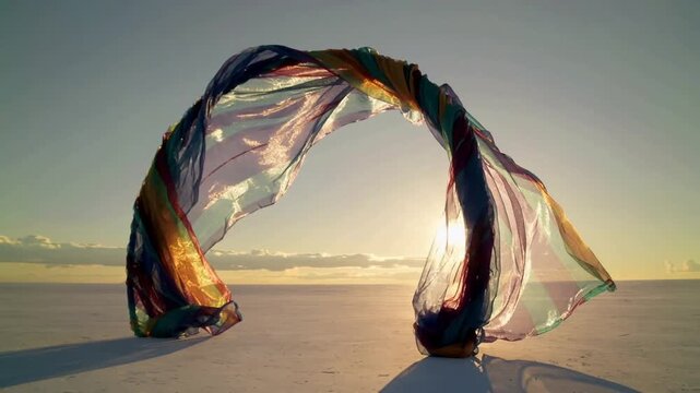 Billowing rainbow fabric arch reacting to sun moving toward center on salt flat, casting shadows