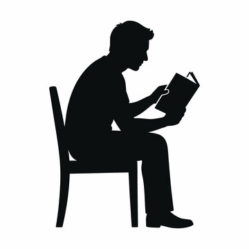 Black silhouette of a focused student or reader sitting on chair reading book vector illustration