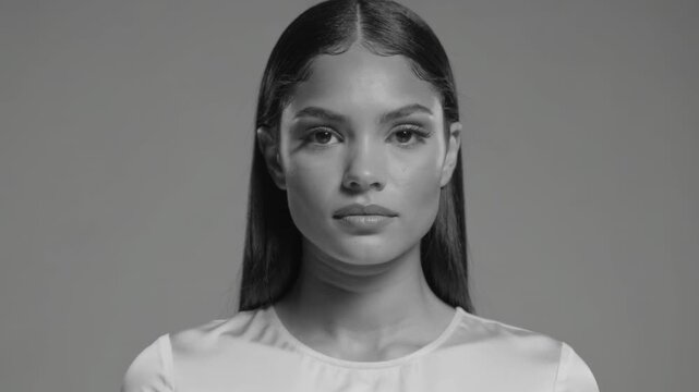Lights coming on for portrait, model parting lips, closing eyes, steadying gaze, wearing satin top