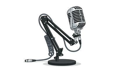 A sleek black microphone stands on a desk with a silver grill and attached cable. © Yolanda