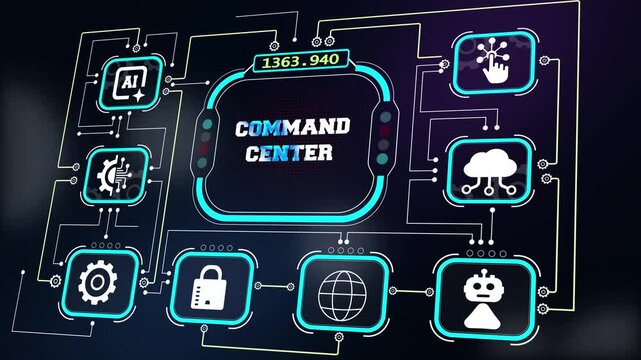 Glowing cyber ecosystem with text command center, premium background overlay for aerospace operations and artificial intelligence control rooms