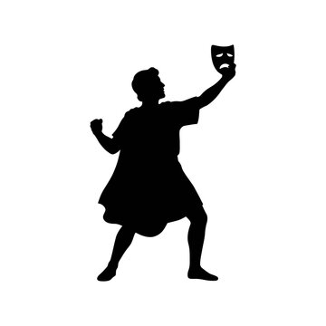 Black silhouette of a theater actor performance holding dramatic mask vector illustration