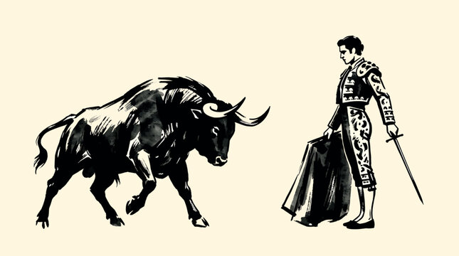 Ink illustration of a bullfighter matador standing with a sword and muleta cape facing a charging bull