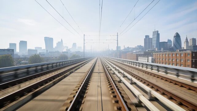 Moving cab camera as train departs, showing tracks through truss onto viaduct, approaching skyline