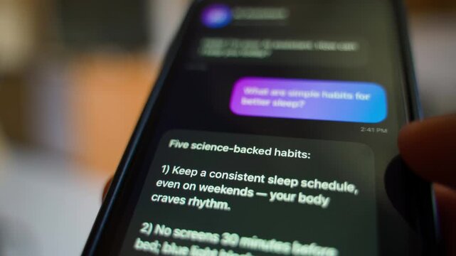 Person asking AI assistant on smartphone for better sleep tips close-up