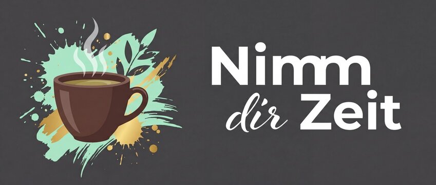 Nimm dir Zeit German quote coffee cup illustration on dark chalkboard background showing a hot beverage with steam and artistic paint splatters for home decor, mindfulness, and relaxation banner.