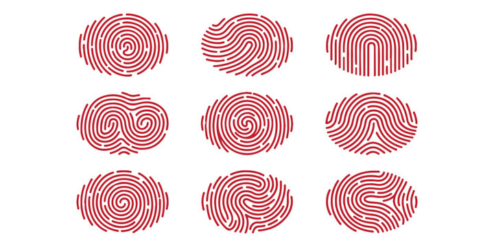 Set of nine red fingerprint patterns showing different unique human thumbprint ridge designs