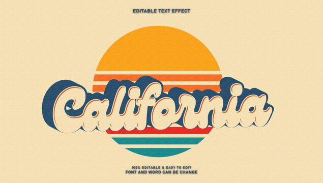 California editable text effect vector, retro groovy script font style with striped sunset circle on beige background