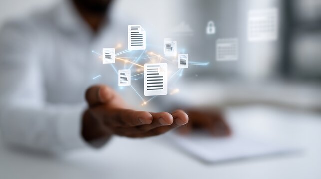 Man's hand holding multiple glowing digital document icons connected by a network of lines, representing data flow.