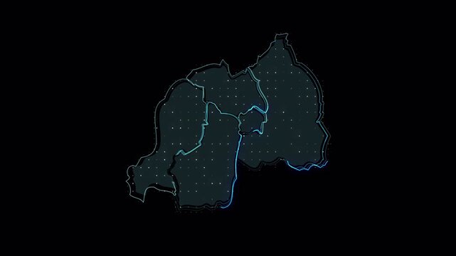 Digital glowing neon map of Rwanda with administrative divisions on black background.