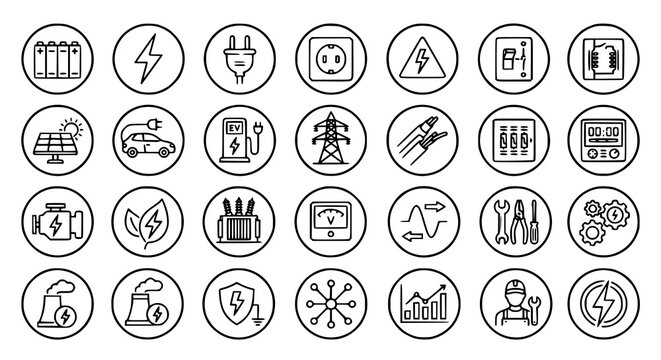 Electric Power and Voltage Outline Icon Collection with Energy Systems Solar Panels EV Charging and Safety Elements