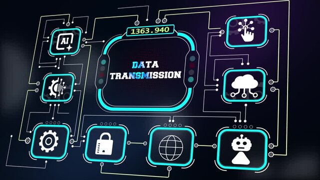 Data transmission HUD interface for network file transfer promos, high speed download explainers, data center infrastructure and server upload clips