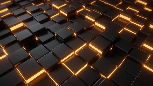 Geometric pattern animation arrays dark cube blocks. Connected geometric pattern animation lights orange block edges. Minimal geometric pattern animation designs matrix grids.