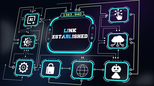Link established HUD interface for successful server connections, authorization verification videos, login confirmation and network sync assets