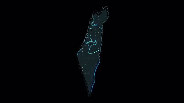 Digital glowing outline map of Israel with modern neon technology effect.