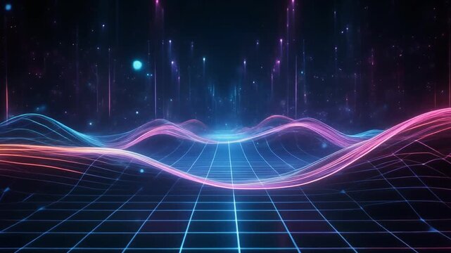 Image photo animation landscapes wavy digital world grids. Cosmic image photo animation lights neon space lines. Tech image photo animation loops network mainframe links.