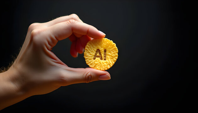 A hand holding a yellow biscuit with ai letters on it against a dark background photorealistic raw image
