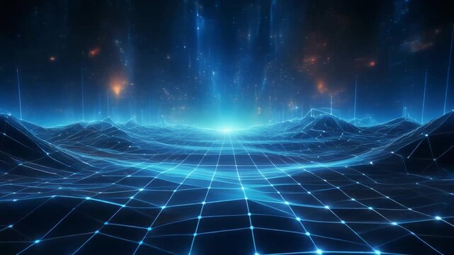Image photo animation lands blue wireframe mountains. Connected image photo animation tracks network grid lines. Tech image photo animation loops system database maps.