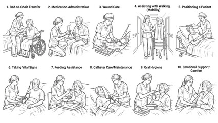 Obraz premium Nursing Patient Care Poses Line Art Collection | 10 Premium Healthcare Support Vector Pack