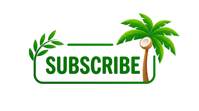 Green subscribe button with palm tree and leaves isolated on white background