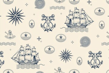 Obraz premium Seamless nautical pattern with sailing ships, crossed anchors, compass roses, rope coils, and stars on a light cream colored background surface