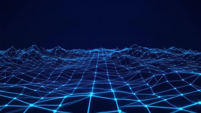 Technology data animation landscapes abstract digital network lines. Connected technology data animation routes blue nodes. Cyber technology data animation loops computing files.