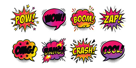 Set of colorful comic book speech bubbles with sound effect text like pow boom and zap ©  Designer