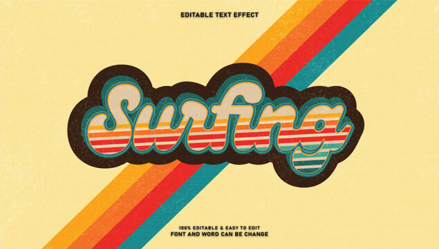Retro 70s editable text effect vector illustration with groovy vintage striped rainbow surfing theme style