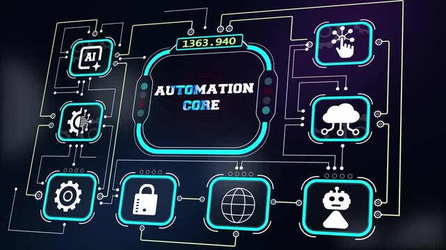 Automation core HUD interface for advanced robotics videos, industrial software promos, mechanical engineering loops and tech ecosystem explainers