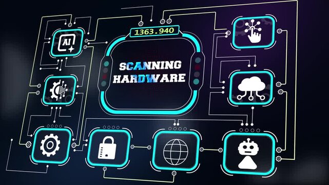Scanning hardware HUD interface for system diagnostics videos, tech support tutorials, hardware upgrade promos and IT maintenance presentation assets