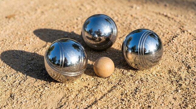Three shiny metal boules and a small wooden cochonnet ball resting on a dusty gravel court during a sunny afternoon