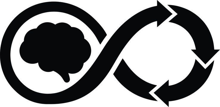 infinity symbol with brain icon and cycle arrows symbolizing continuous thought and learning.