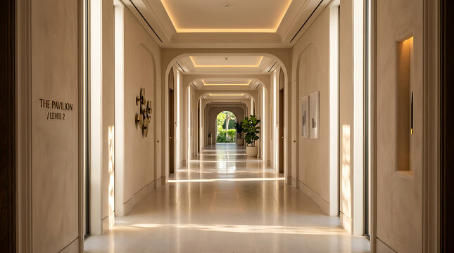 Luxurious interior of a modern building with a long hallway and arched doorways leading to a garden