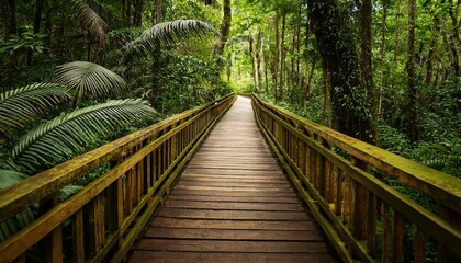 Fototapeta premium Wooden Boardwalk Pathway Through Lush Green Tropical Rainforest Jungle Wallpaper